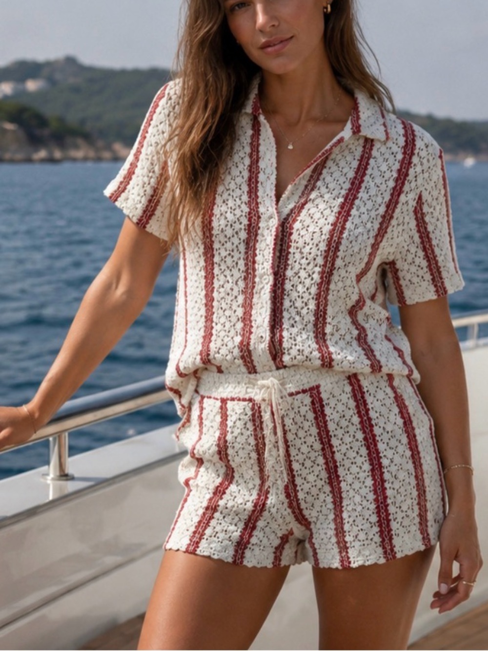 Zara Cream/Ecru & Burgundy/Red Striped Two Piece Crochet Short Set